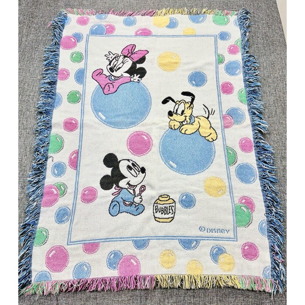 Vintage Disney Baby Tapestry Throw Blanket Mickey Minnie Pluto 44x32 Colorful